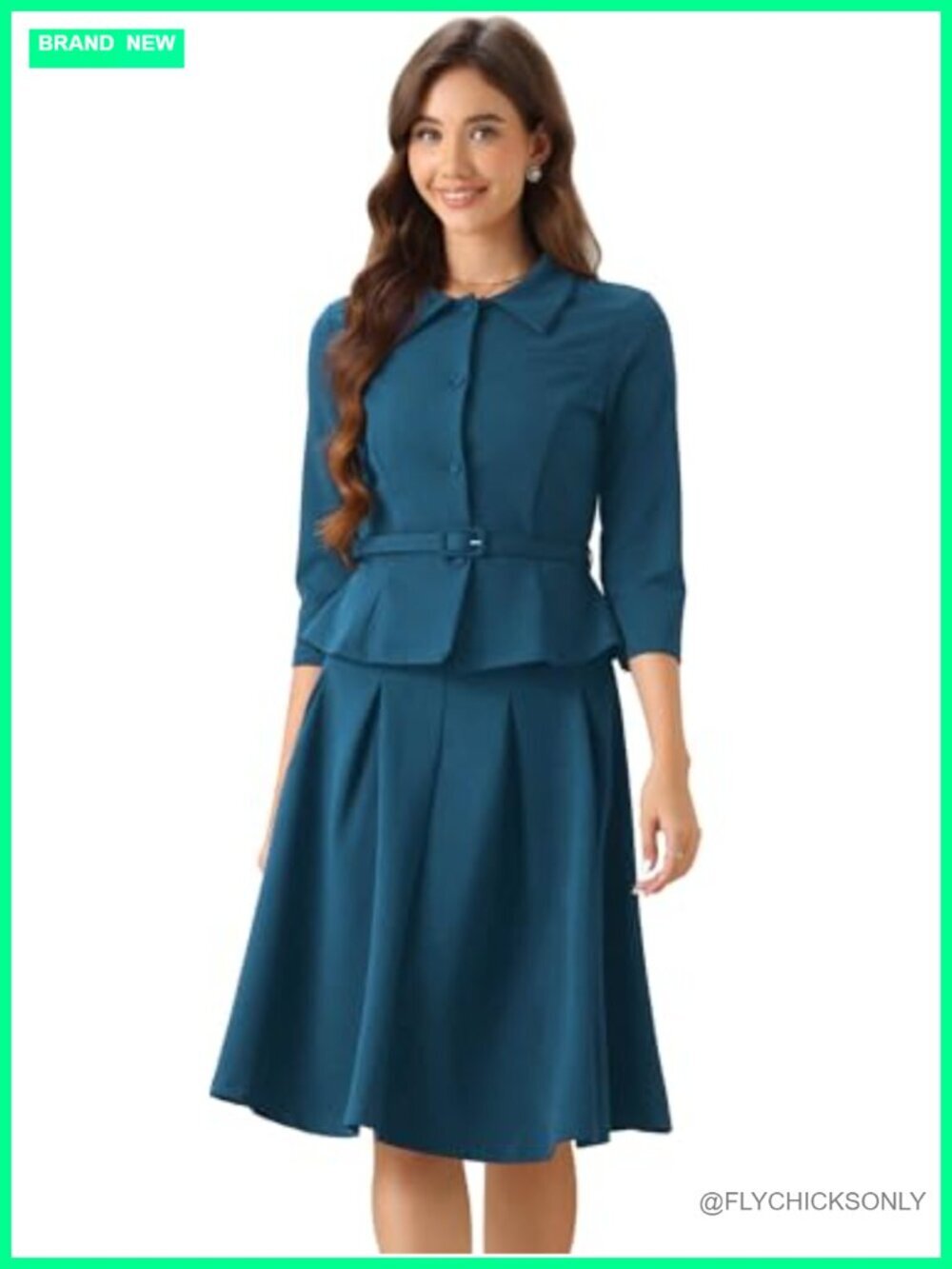 Women's 2 Piece Skirt Suit Set: 3/4 Sleeve Blazer Jacket & Pleated Skirt